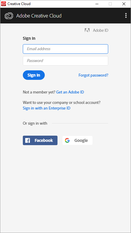 Adobe CC login screen