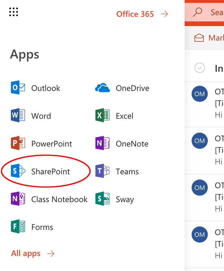 Office 365 app links screenshot