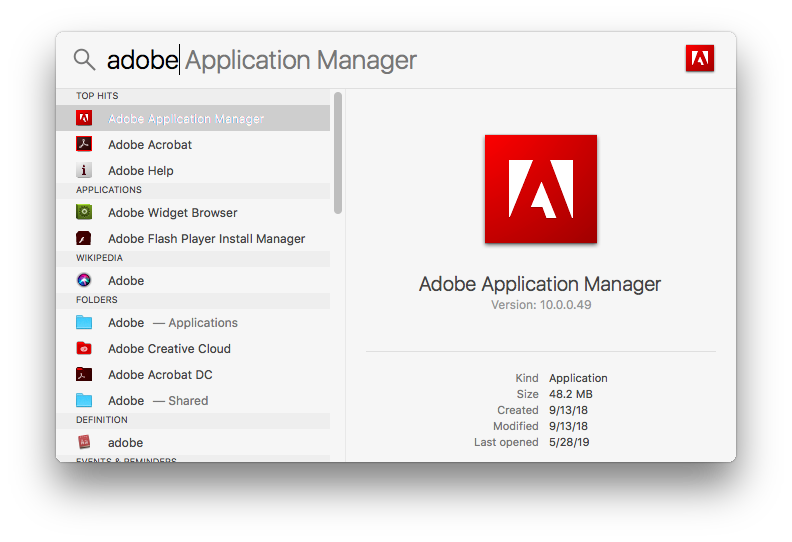 Adobe Application Manager in Spotlight search results